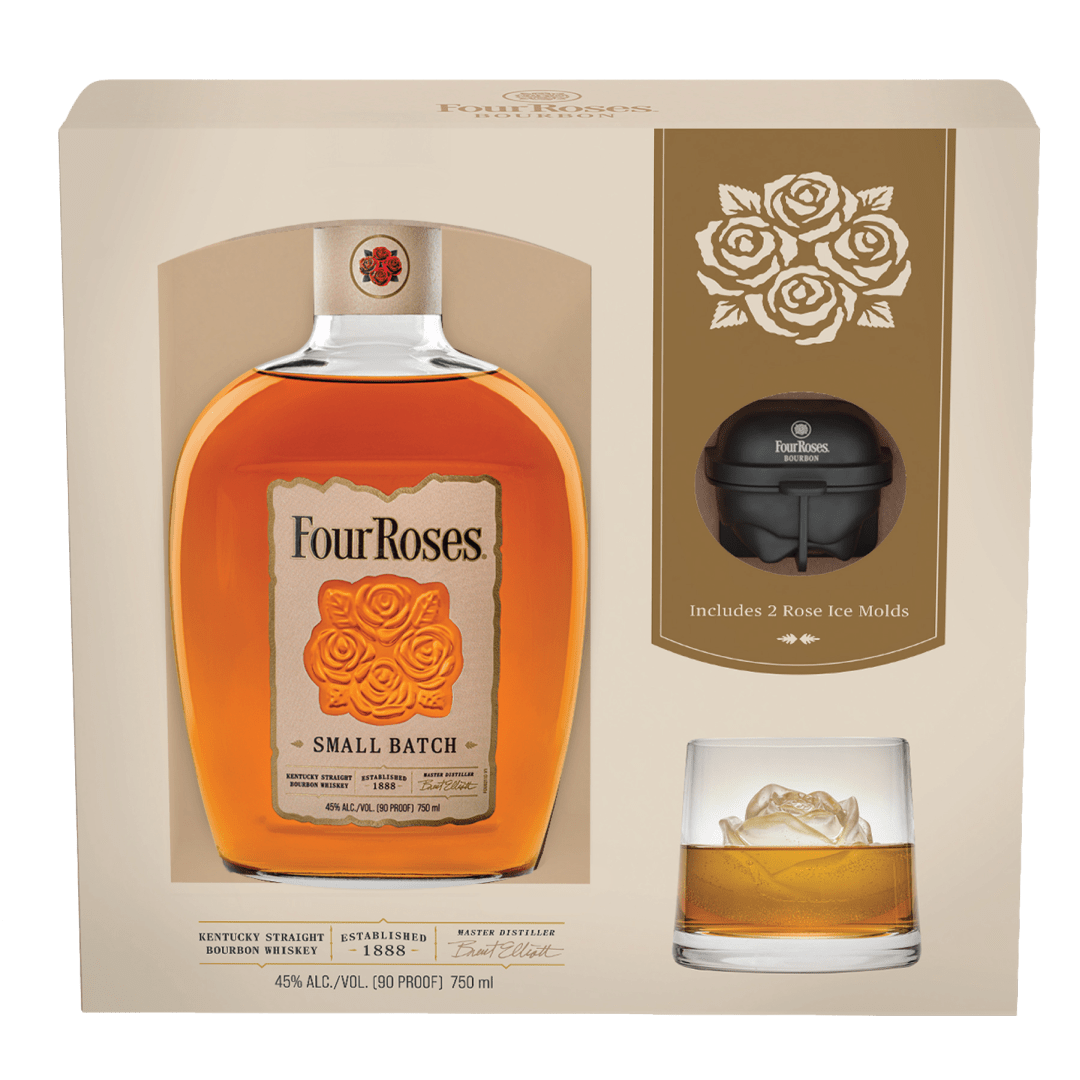 Four Roses Small Batch Bourbon, 90 Proof, Kentucky, 750 ml Bottle, Gift Set with Rose Ice Molds (2)