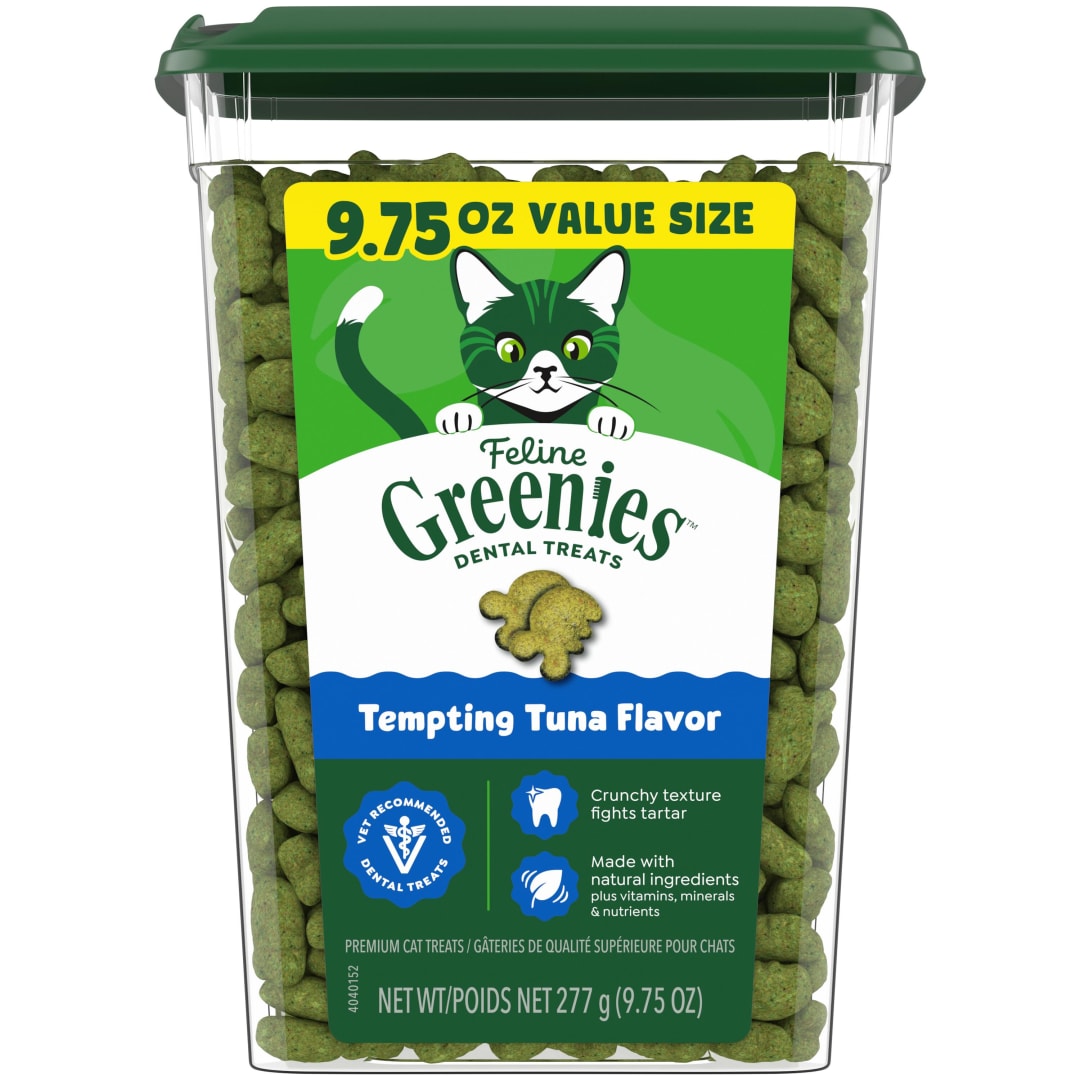 FELINE GREENIES Adult Dental Cat Treats, Tempting Tuna Flavor, 9.75 oz. Tub