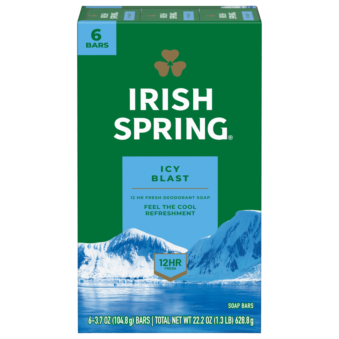 Irish Spring Icy Blast Deodorant Bar Soap for Men, With Flaxseed Oil, 12 Hour Fresh Deodorant Soap, 3.7 oz Bar (6 Pack)