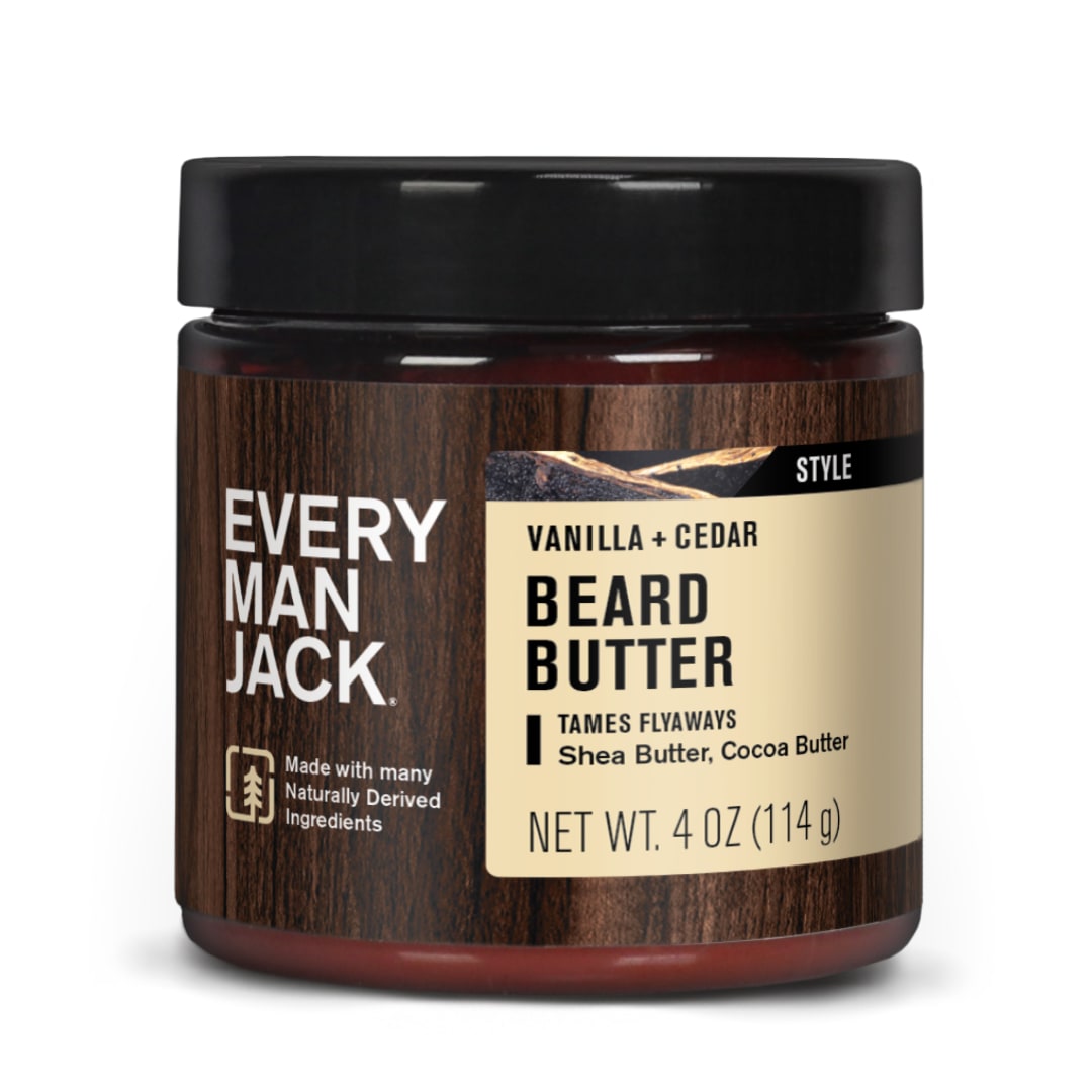 Every Man Jack Beard + Scruff Softening Butter - Vanilla & Cedar Fragrance - Hydrates and Styles Dry, Unruly Beards While Relieving Itch - Naturally Derived w/ Shea Butter & Coconut Oil - 4 oz