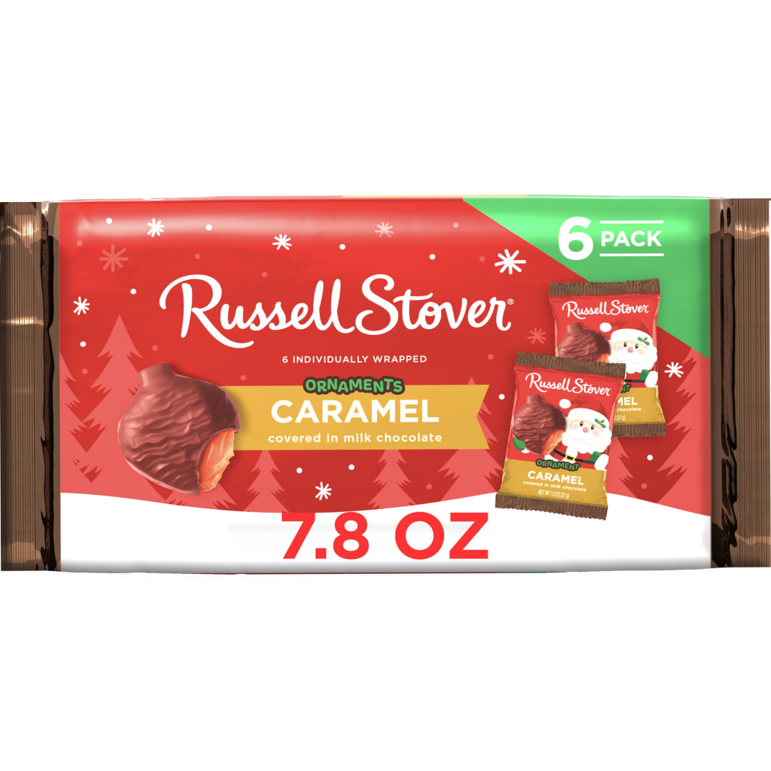 RUSSELL STOVER Christmas Milk Chocolate Caramel Candy Ornament 6 Pack, 7.8 oz.