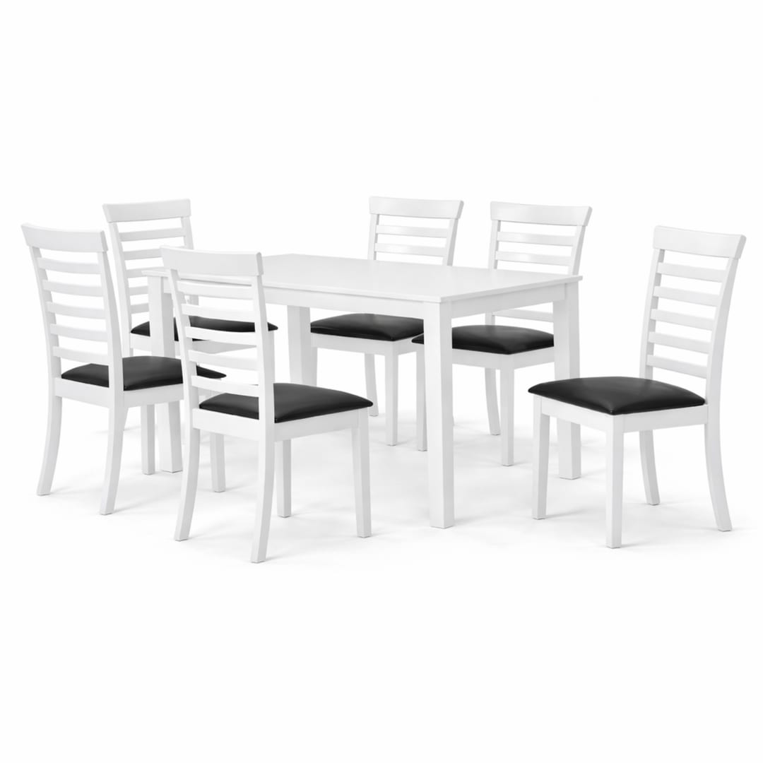 Traditional 7-Piece 59 Inch Rectangular Dining Set, White Finish with Black PU Leather Upholstered Chairs, Solid Rubberwood