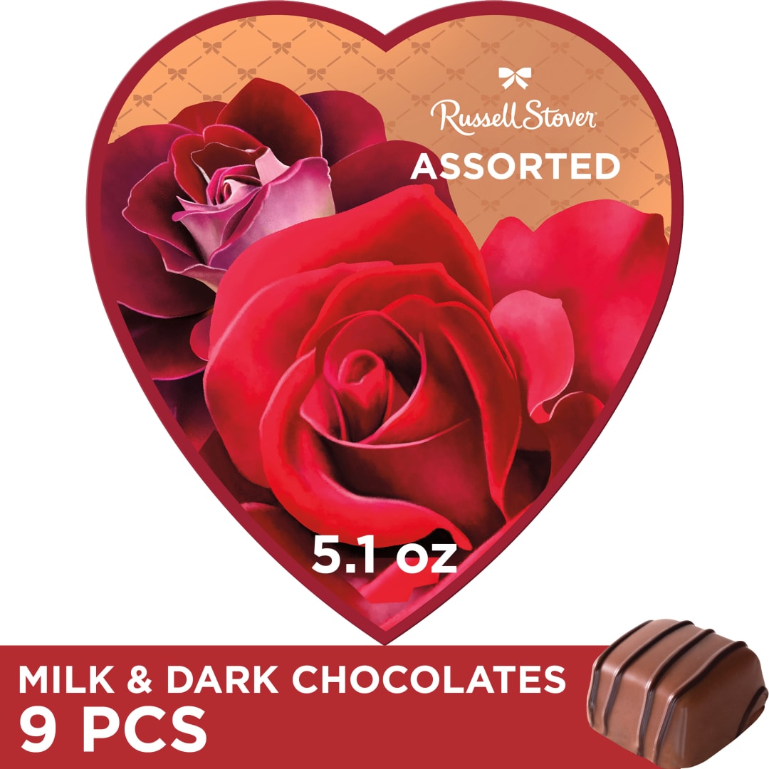 RUSSELL STOVER Valentine's Day Romantic Roses Assorted Milk & Dark Chocolate Candy Heart Gift Box, 5.1 oz.