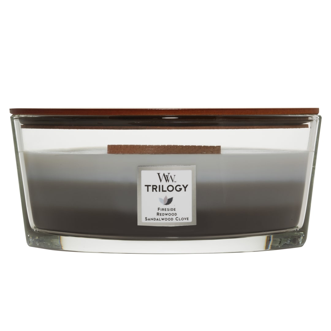 WoodWick Trilogy vela perfumada en forma de elipse con llama Hearthwick | Maderas cálidas