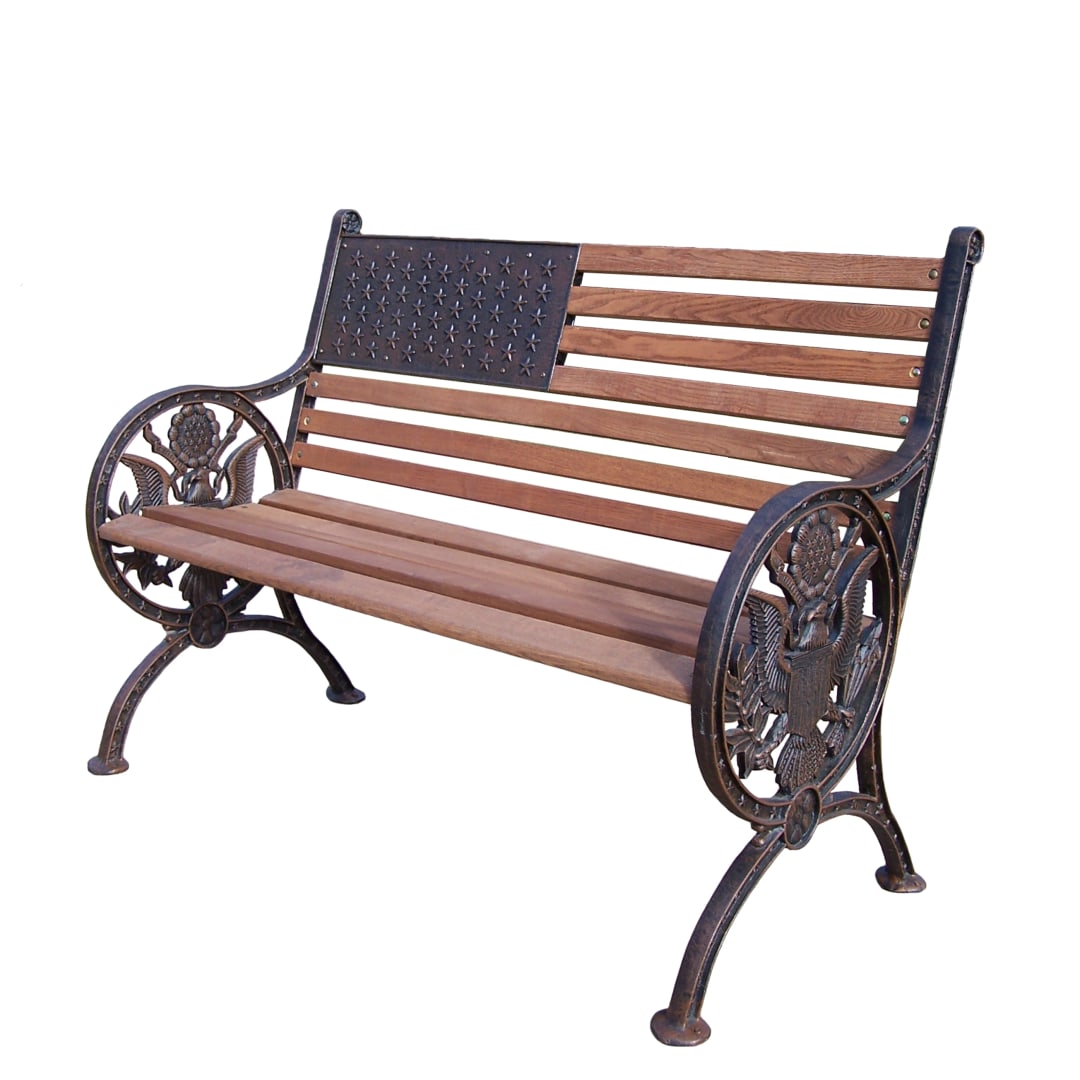 Cast Aluminum and Wood Bronze Proud American Patriotic Garden Bench