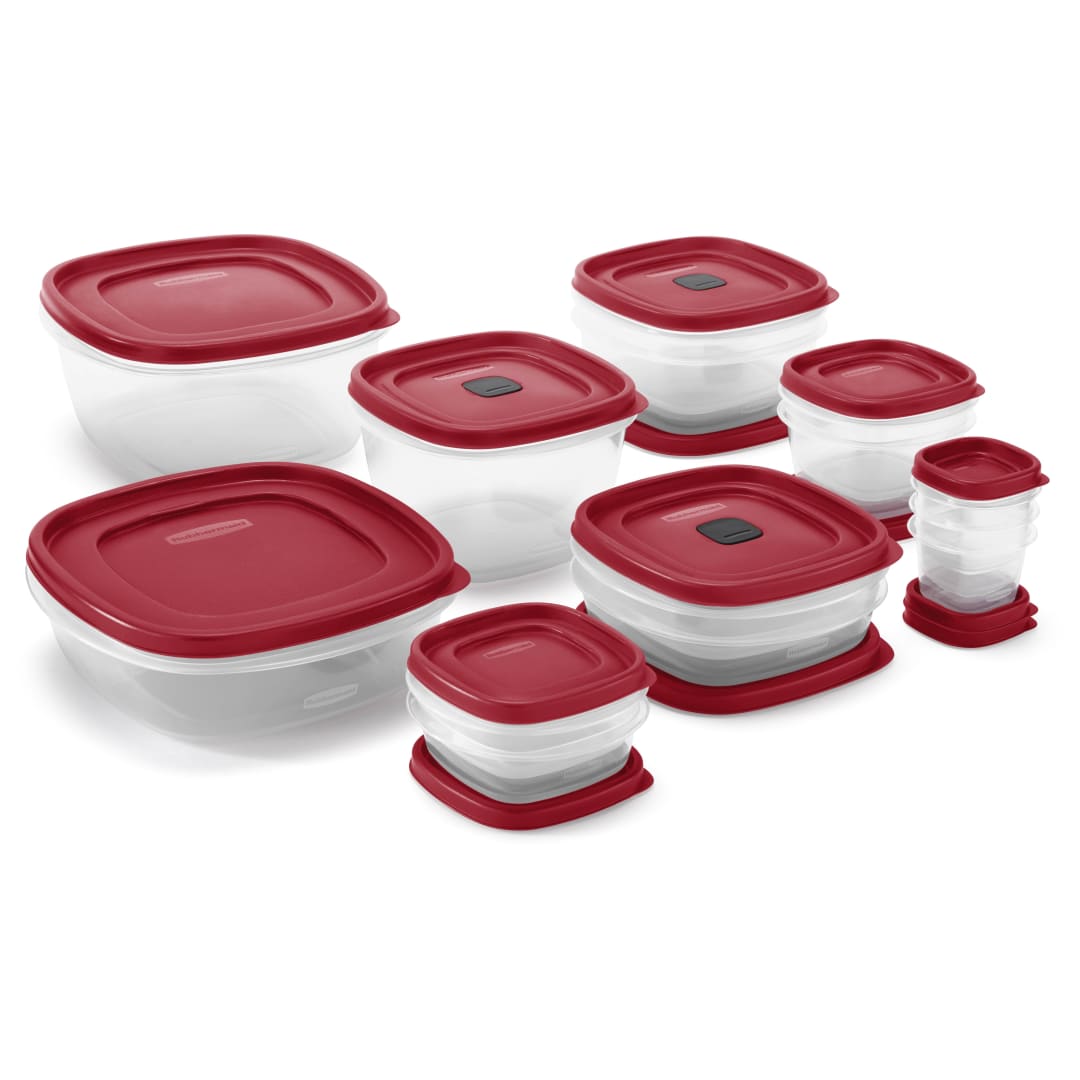 Rubbermaid 28pc Plastic Food Storage Container Set: BPA-Free, Microwave & Freezer Safe, Dishwasher Safe, Red/Clear
