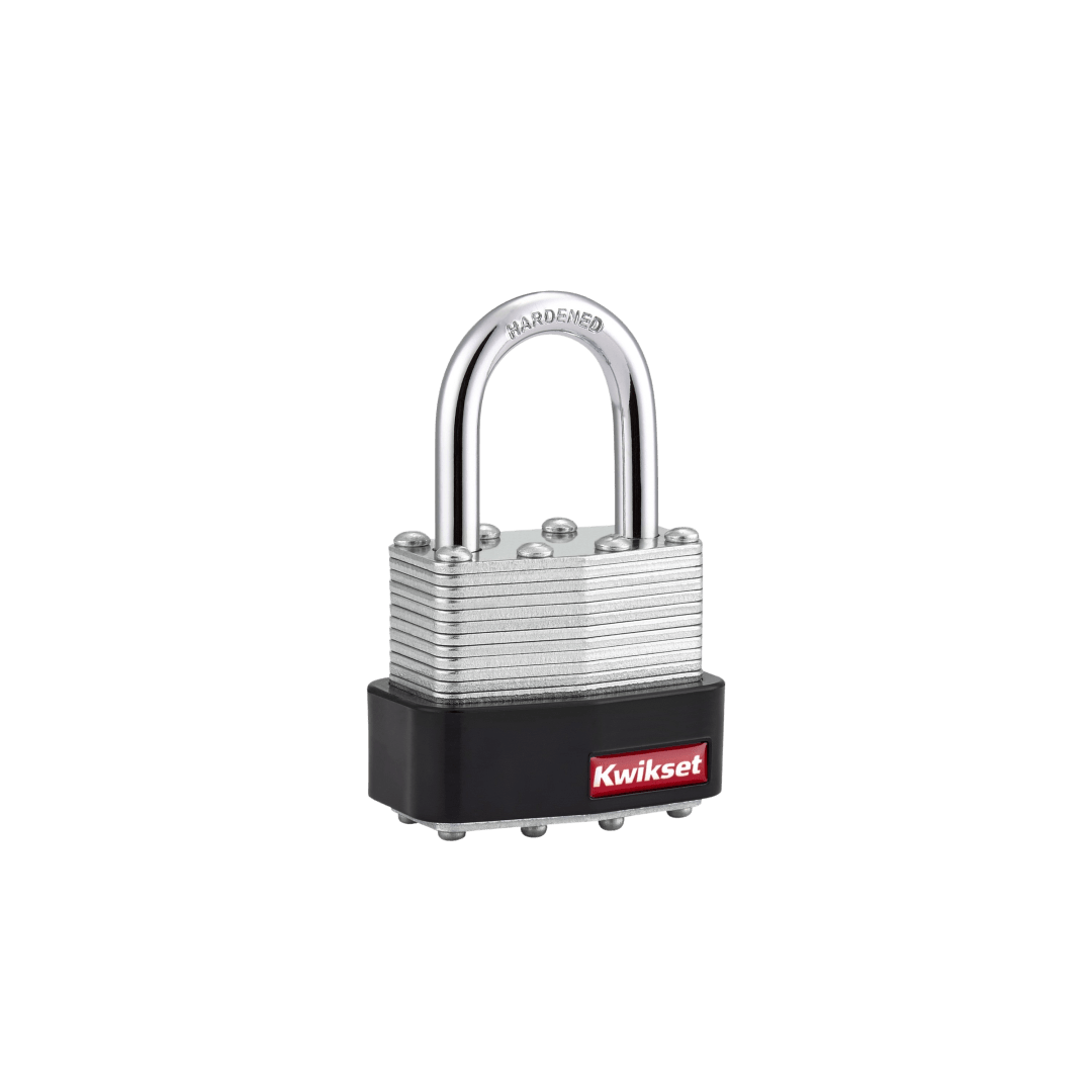 Kwikset Laminated Steel Padlock with Hardened Steel Shackle, 1-9/16 in Body, 1 in Shackle, 1 Pack