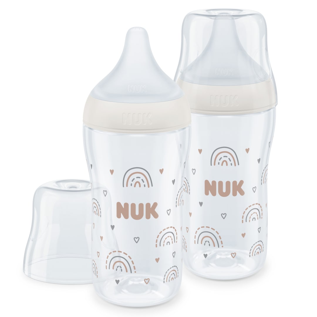 NUK Perfect Match Baby Bottles Set, 3+ Months, Adapts to Baby's Palate, Temperature Control, Anti Colic Vent, 260 ml, BPA-Free, Medium Silicone Nipple, Rainbow, 2 Count
