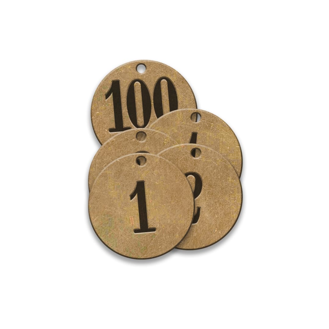 Pre-Marked Tag-Round 1-100 1-1/4" Brass 100 Pack