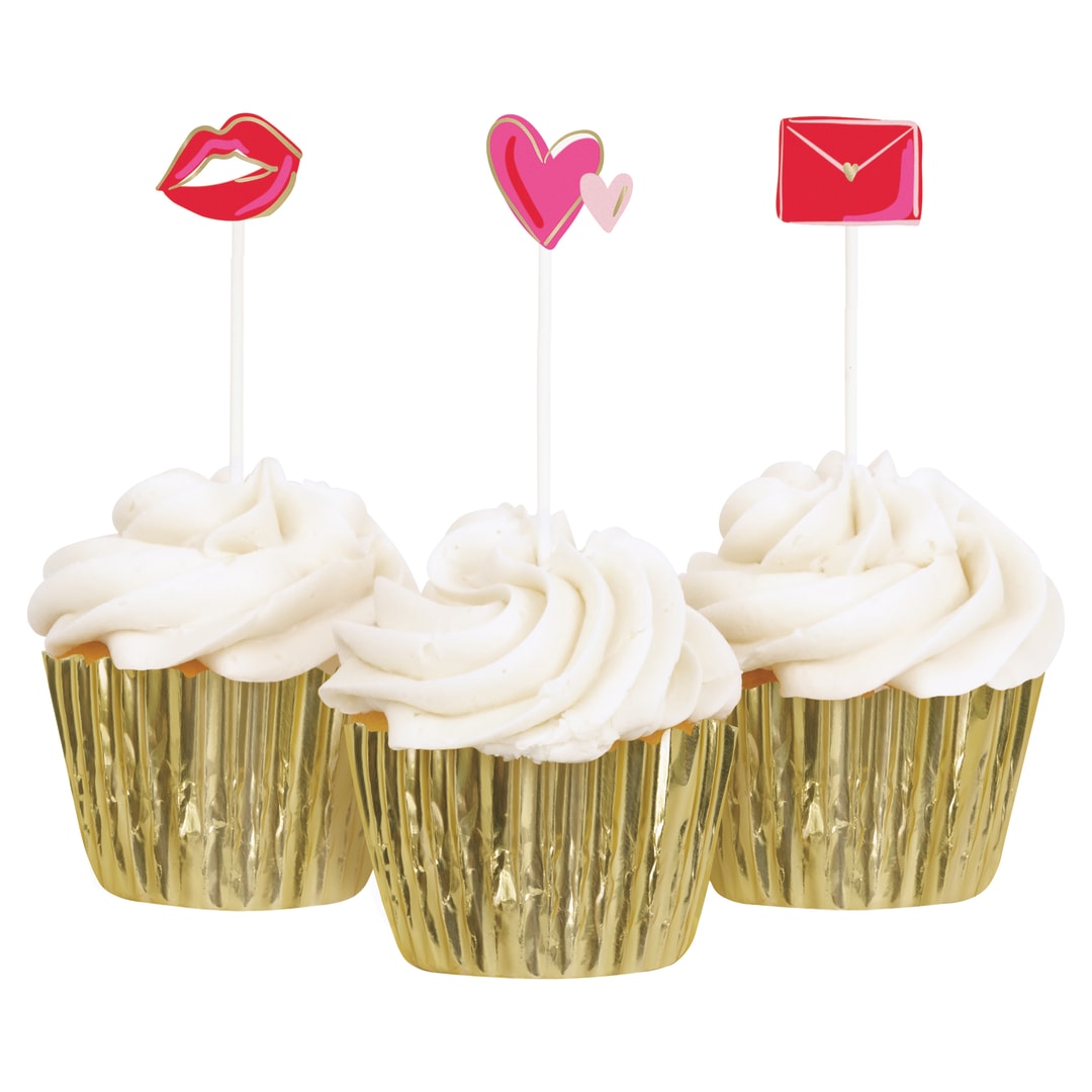Red &amp; Pink Valentine Cupcake Decorating Kit with Gold Foil Cupcake Liners, 12pc