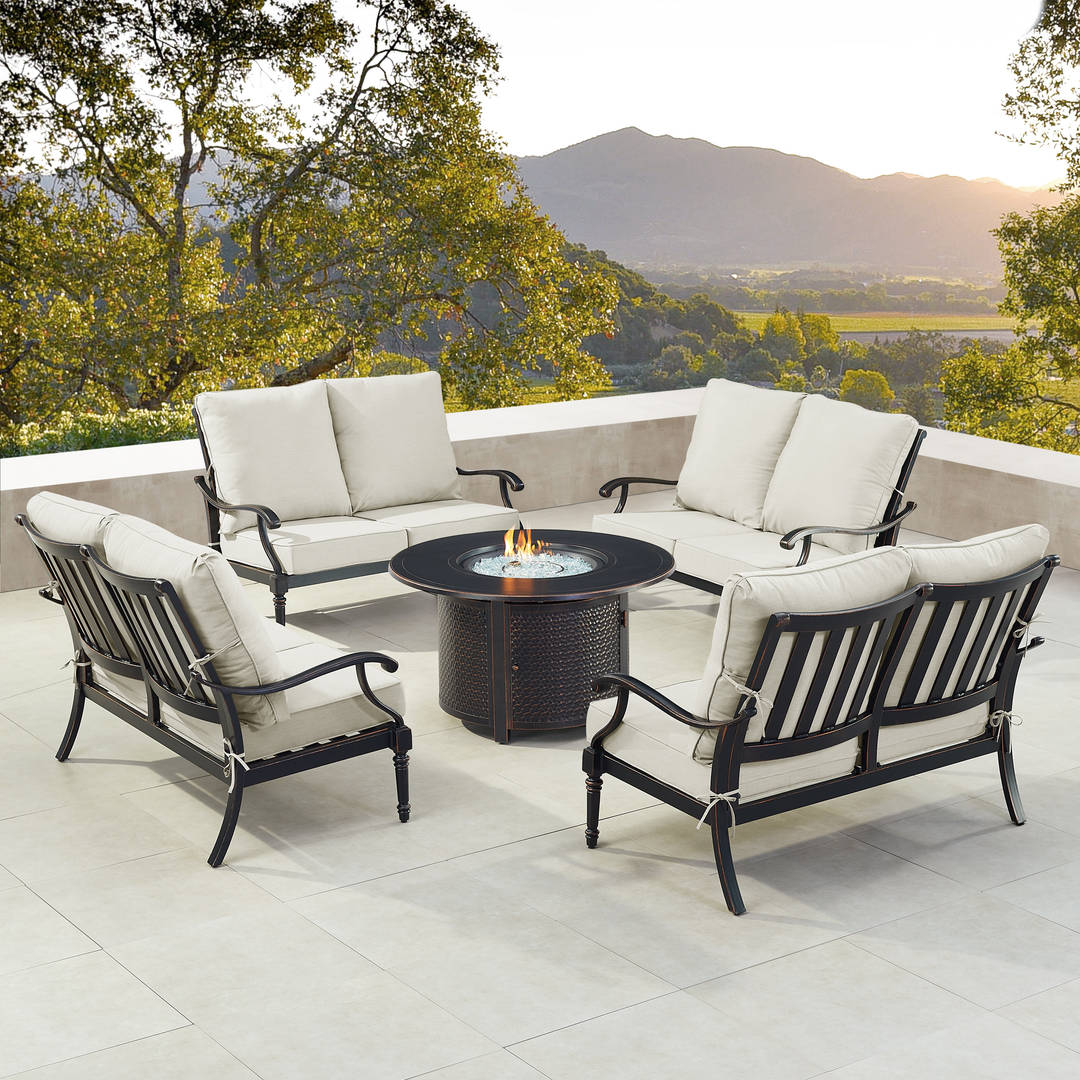 Black Aluminum Patio Fire Table Set with Four Deep Seating Loveseat with Cushions