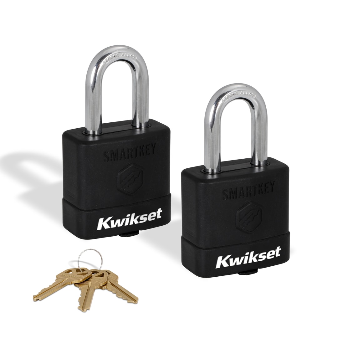Kwikset SmartKey Re Keyable Laminated Steel Padlock with Boron Carbide Shackle, with Weather Cover, 2 in Body, 1-1/2 in Shackle, 2 Pack