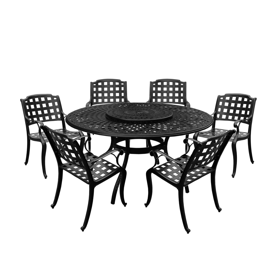 Modern Ornate Outdoor Mesh Aluminum 59-in Large Black Round Patio Dining Set with Lazy Susan and Six Chairs
