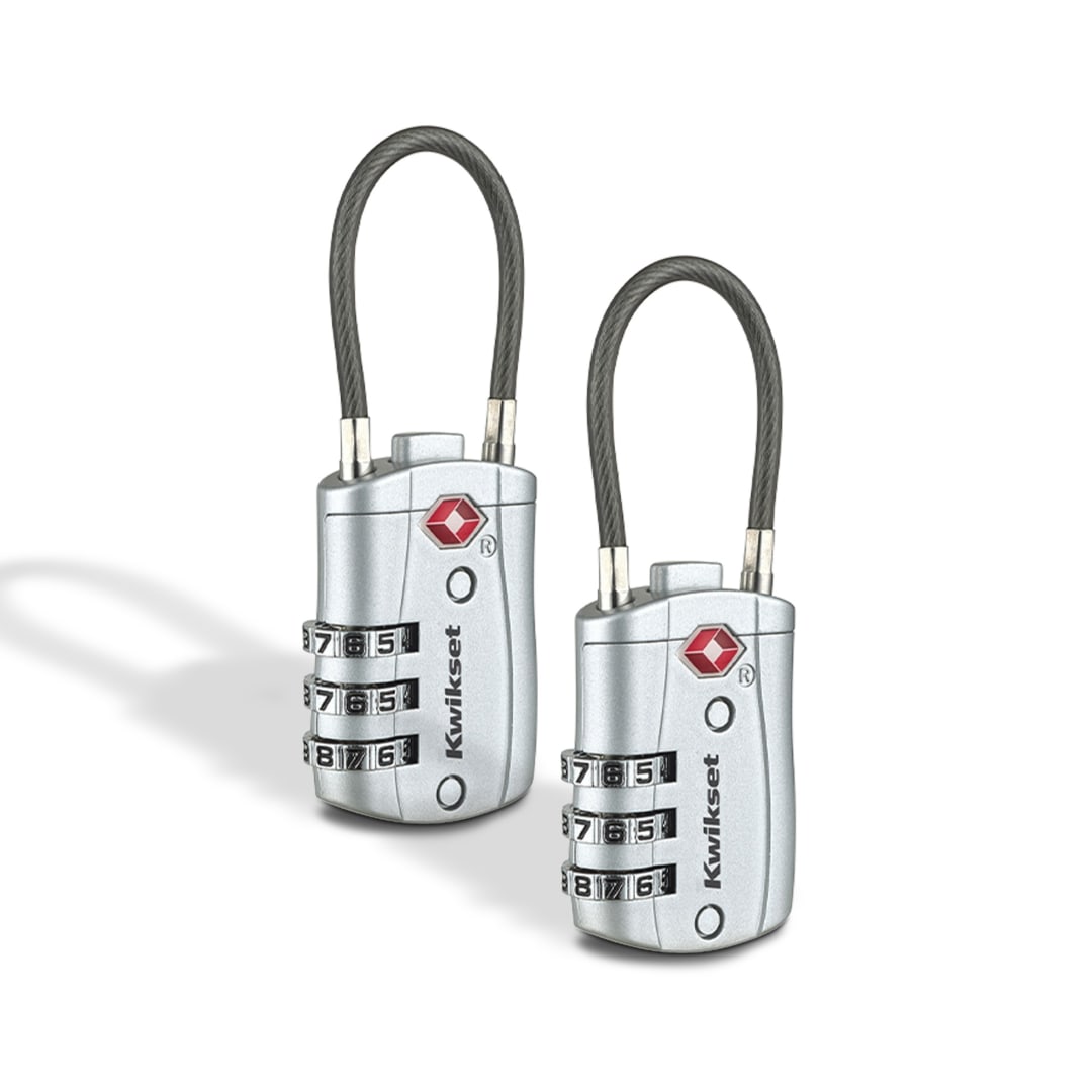 Kwikset TSA Approved Combination Luggage Lock with Cable, 3-Digit, 1-3/16 in Body, 2 Pack, Silver