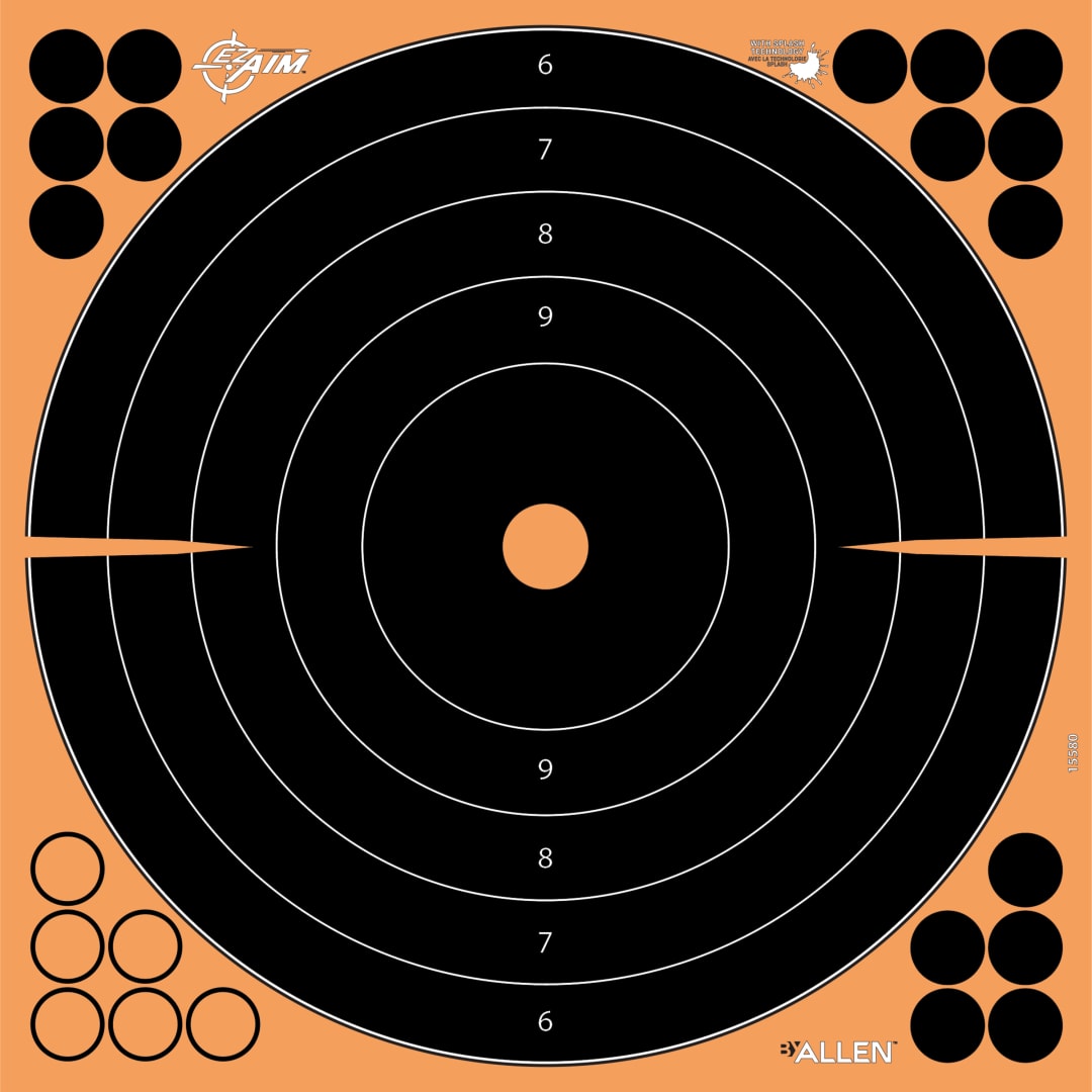EZ Aim® Splash® Reactive Adhesive Paper Shooting Targets, Bullseye, 12" Square, 3-Targets Per Pack, Black/Orange