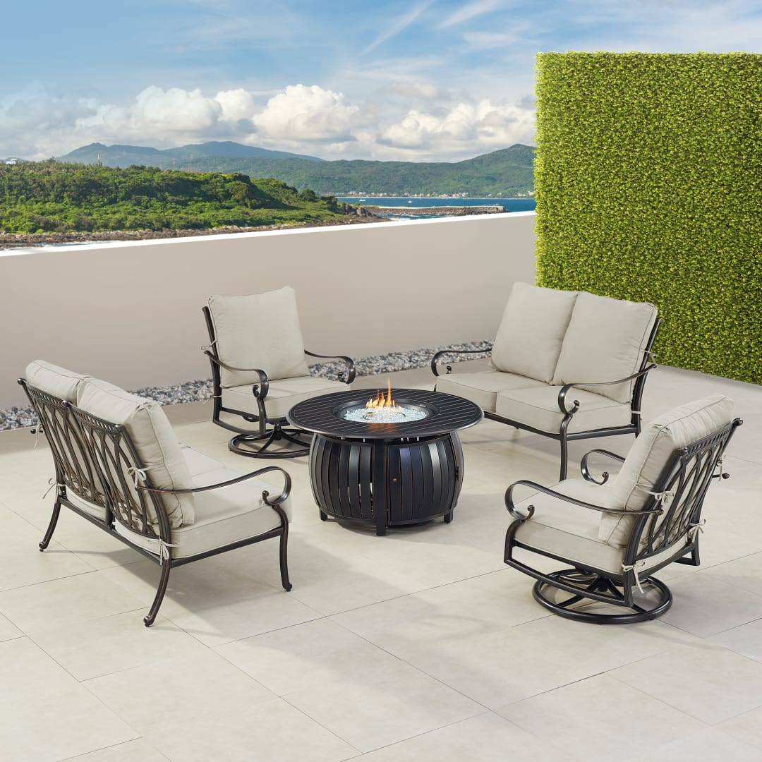 Black Aluminum Patio Fire Table Set with Two Deep Seating Loveseat with Cushions and Two Club Chairs