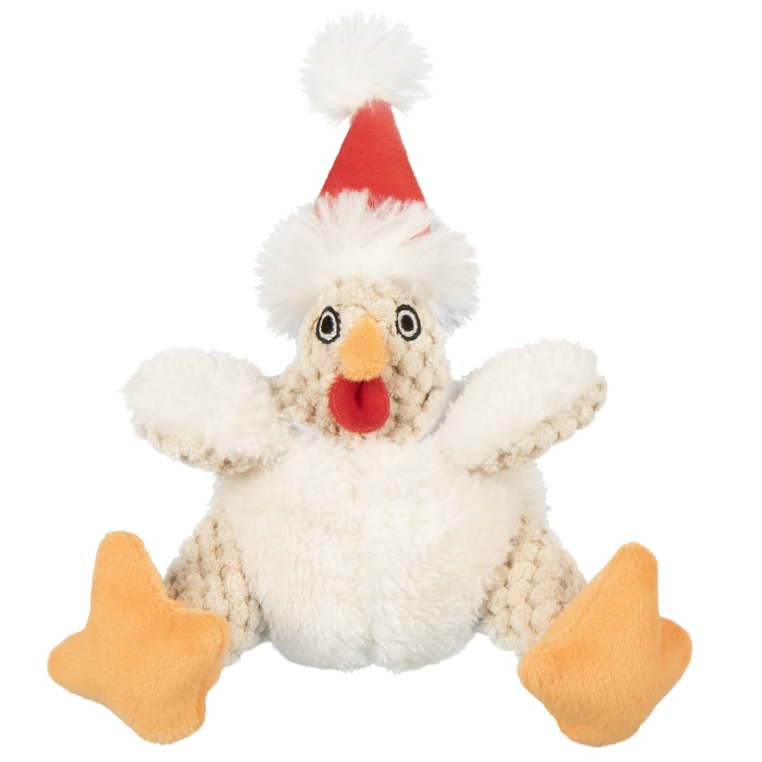 goDog Holiday Collection Just For Me Checkers Santa Sitting Rooster Squeaky Plush Dog Toy With Chew Guard Technology, Mini, White