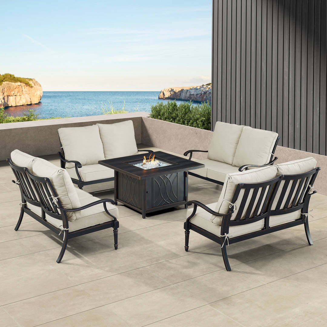 Black Aluminum Patio Fire Table Set with Four Deep Seating Loveseat with Cushions