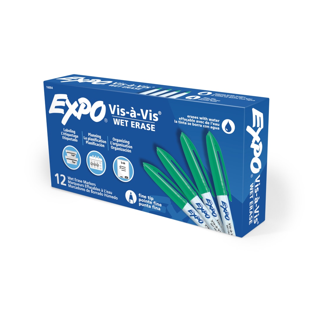 EXPO® Vis-a-Vis Wet Erase Markers, Fine Point, Green, 12 Count