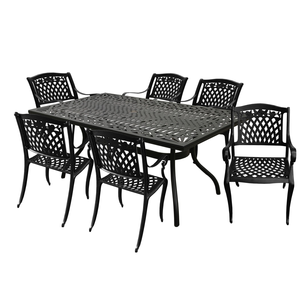 Modern Ornate Outdoor Mesh Aluminum 68-in Black Rectangular Patio Dining Set with Six Chairs
