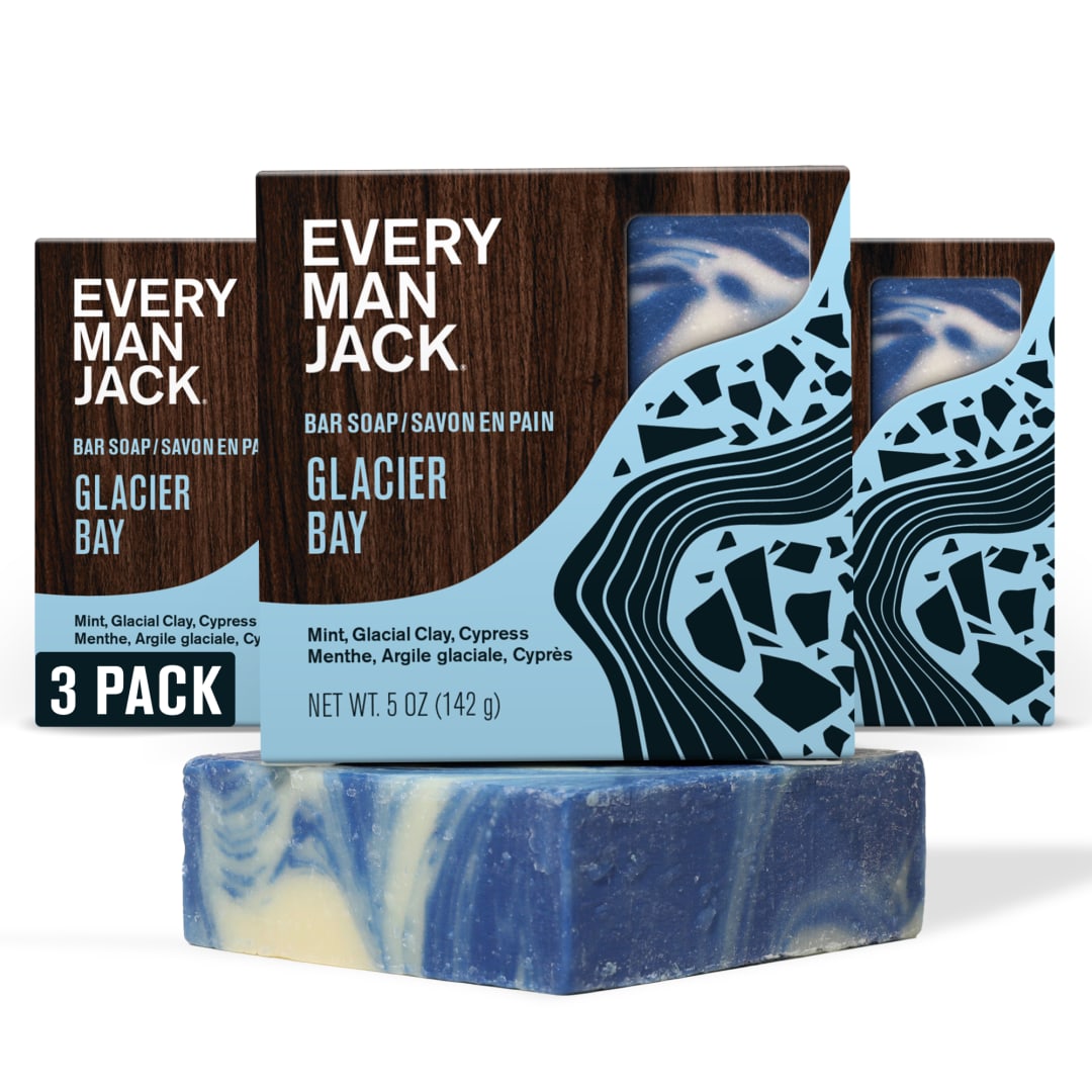 Every Man Jack Cold Processed Mens Bar Soap - Glacier Bay Scent w/notes of Uplifting Mint, Cypress & Cooling Glacier Clay - Deeply Cleans & Hydrates w/Naturally Derived Ingredients - (3 Pack)
