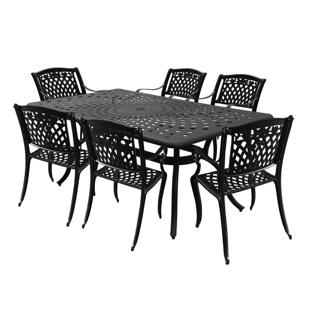 Modern Ornate Outdoor Mesh Aluminum 67-in Black Rectangular Patio Dining Set with Six Chairs