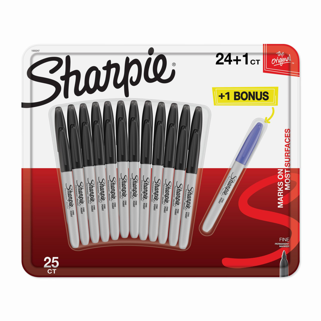 Sharpie® Permanent Markers, Fine Point, Black, 24 Count + 1 Bonus Blue