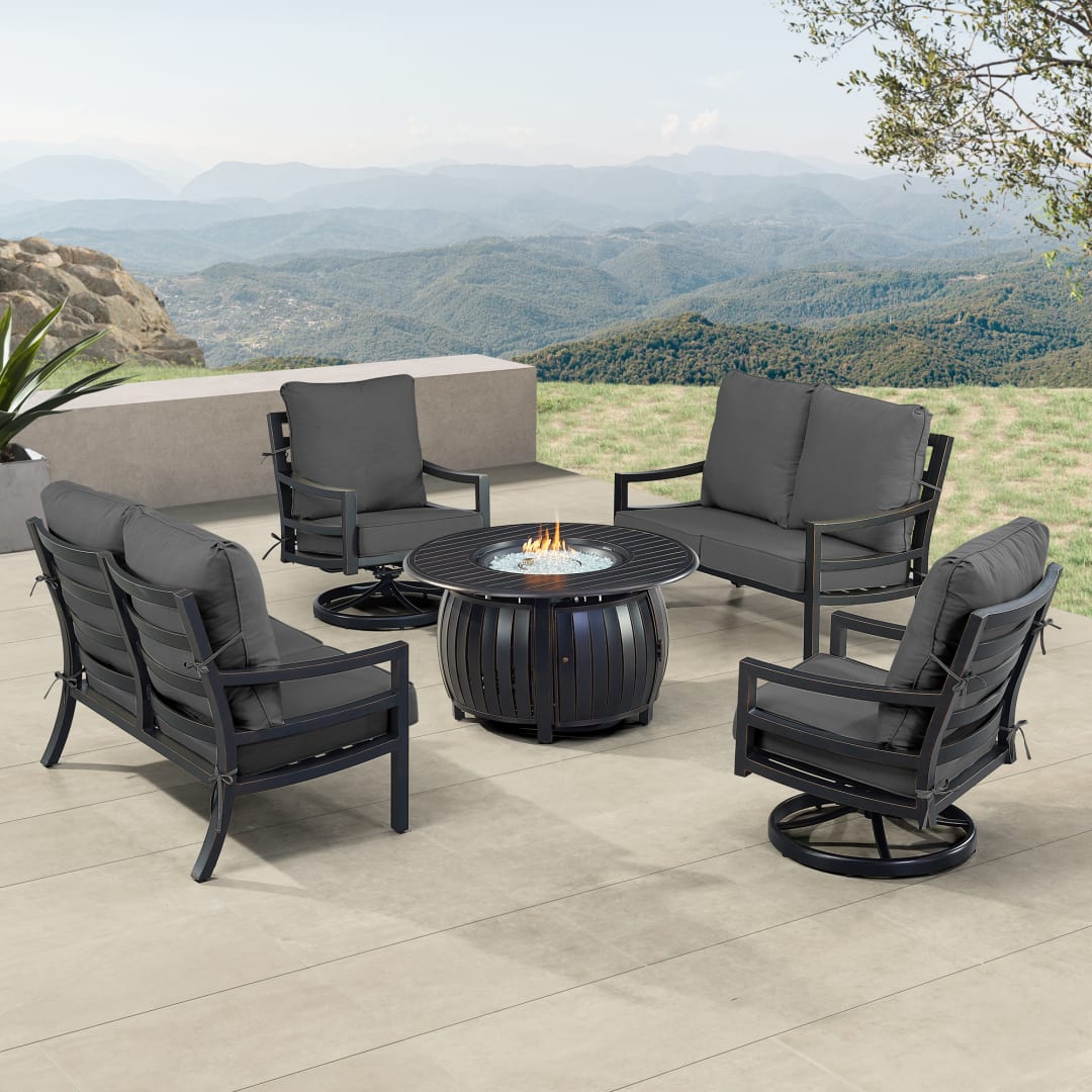Black Aluminum Patio Fire Table Set with Two Deep Seating Loveseat with Cushions and Two Club Chairs
