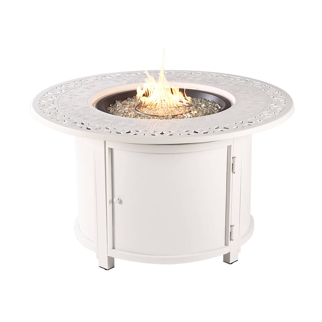 Round 44 in. x 44 in. Aluminum Propane Fire Pit Table with Glass Beads, Two Covers, Lid, 55,000 BTUs in White Finish