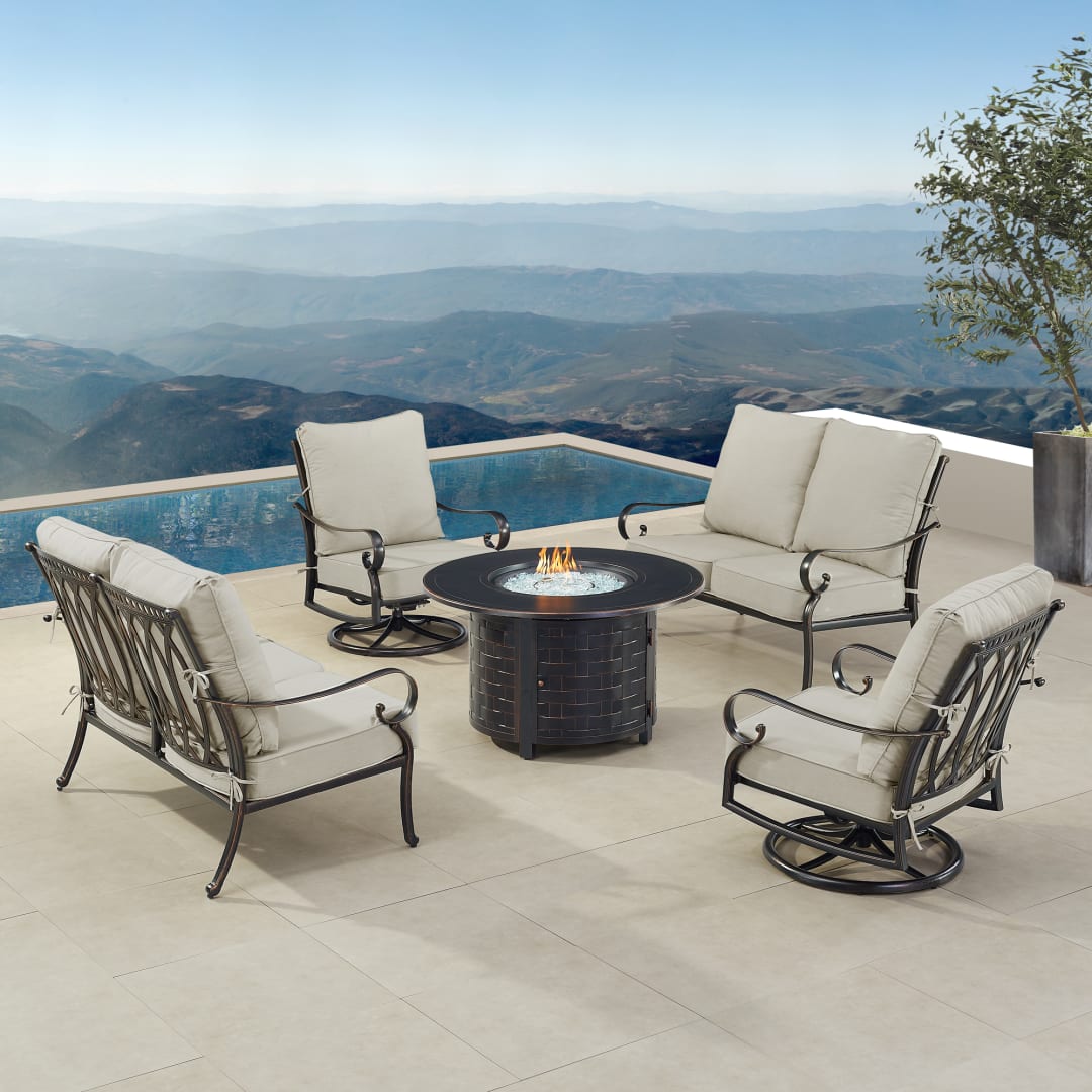 Black Aluminum Patio Fire Table Set with Two Deep Seating Loveseat with Cushions and Two Club Chairs