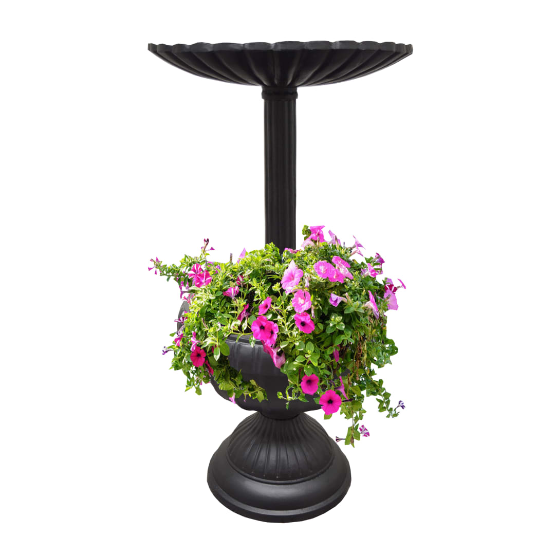 Ornate Round Cast Aluminum Metal 35-in Black Bird Bath and Planter Vase Combo
