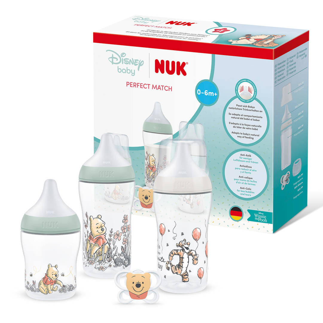 NUK Perfect Match Set de Biberones y Chupete para Recién Nacidos | 0-6 Meses | 3 Biberones Anticólicos (150 ml, 260 ml), 1 Chupete Perfect Match Air | Disney Winnie the Pooh | 4 Piezas