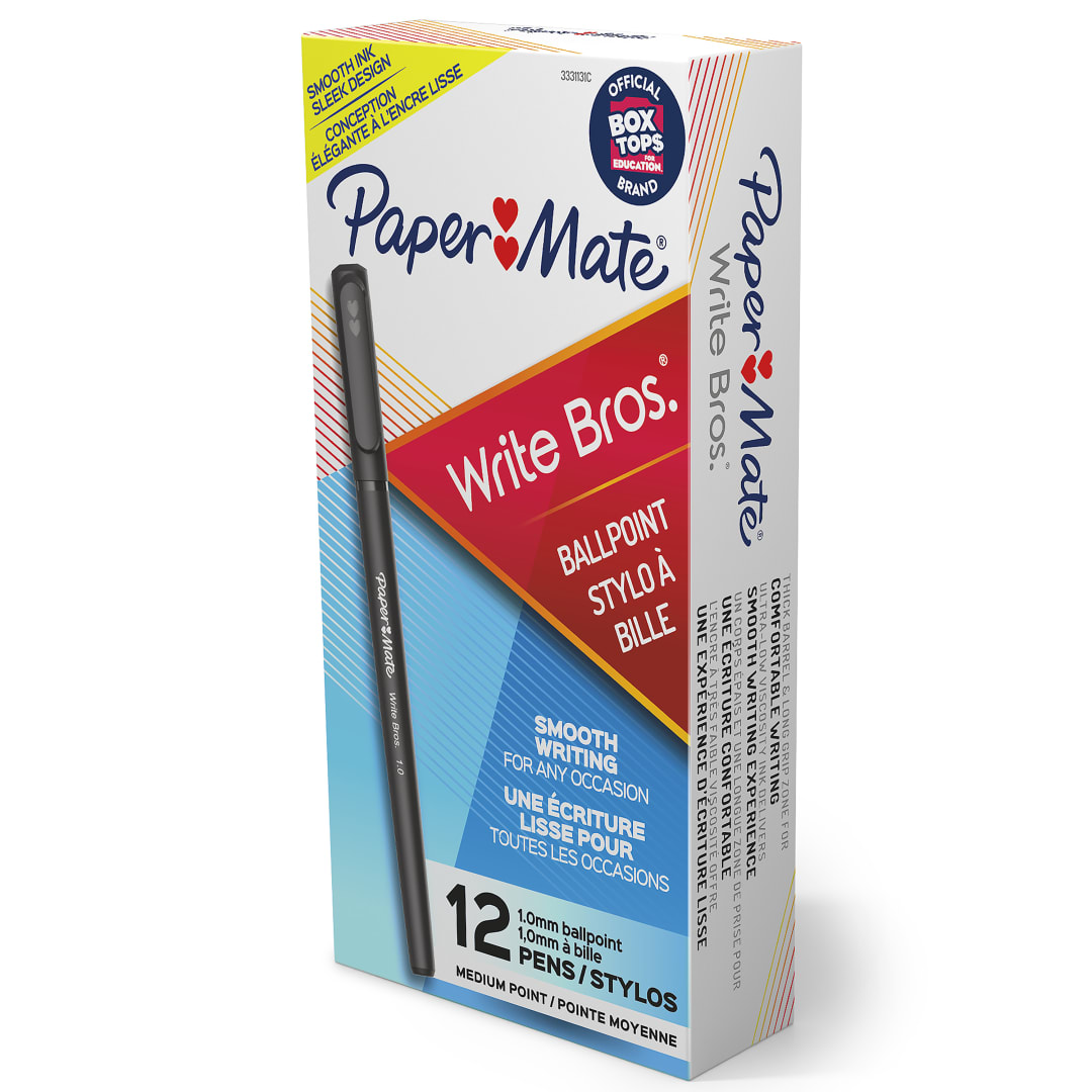 Paper Mate Ballpoint Pens, Write Bros. Black Ink Pens, Medium Point (1.0 mm), 12 Count