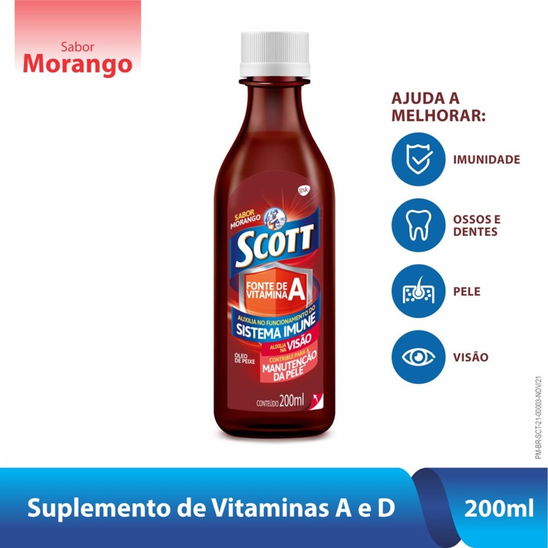 Scott Suplemento alimentar em emulsão de Vitaminas A e D Sabor Morango Frasco com 200ml