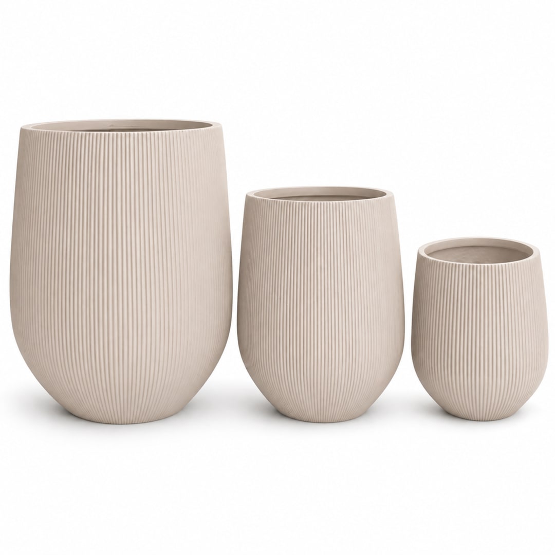 Set of 3 Fluted Round Polystone Indoor/Outdoor Planters, Sand
