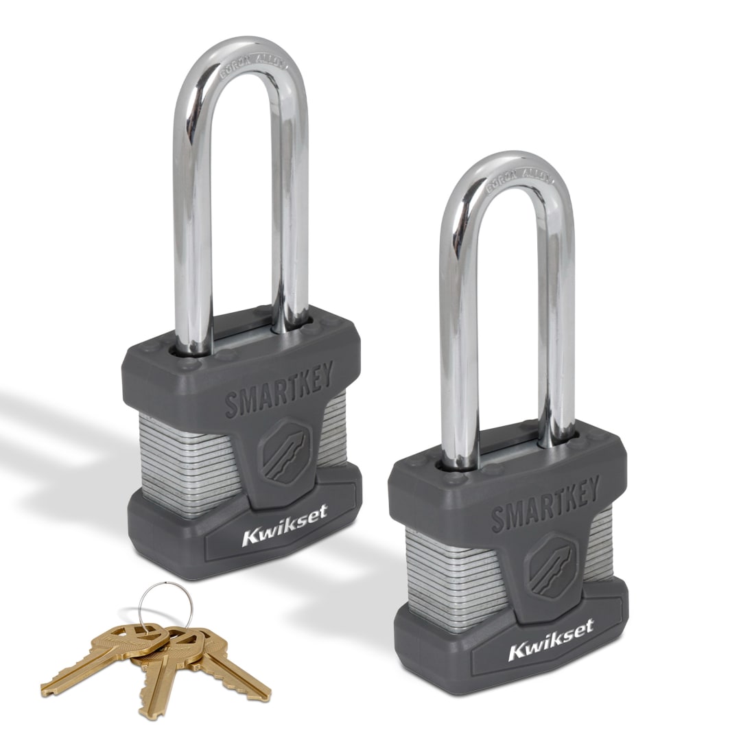 Kwikset SmartKey Re Keyable Laminated Steel Padlock with Boron Carbide Shackle, 2 in Body, 2-1/2 in Shackle, 2 Pack