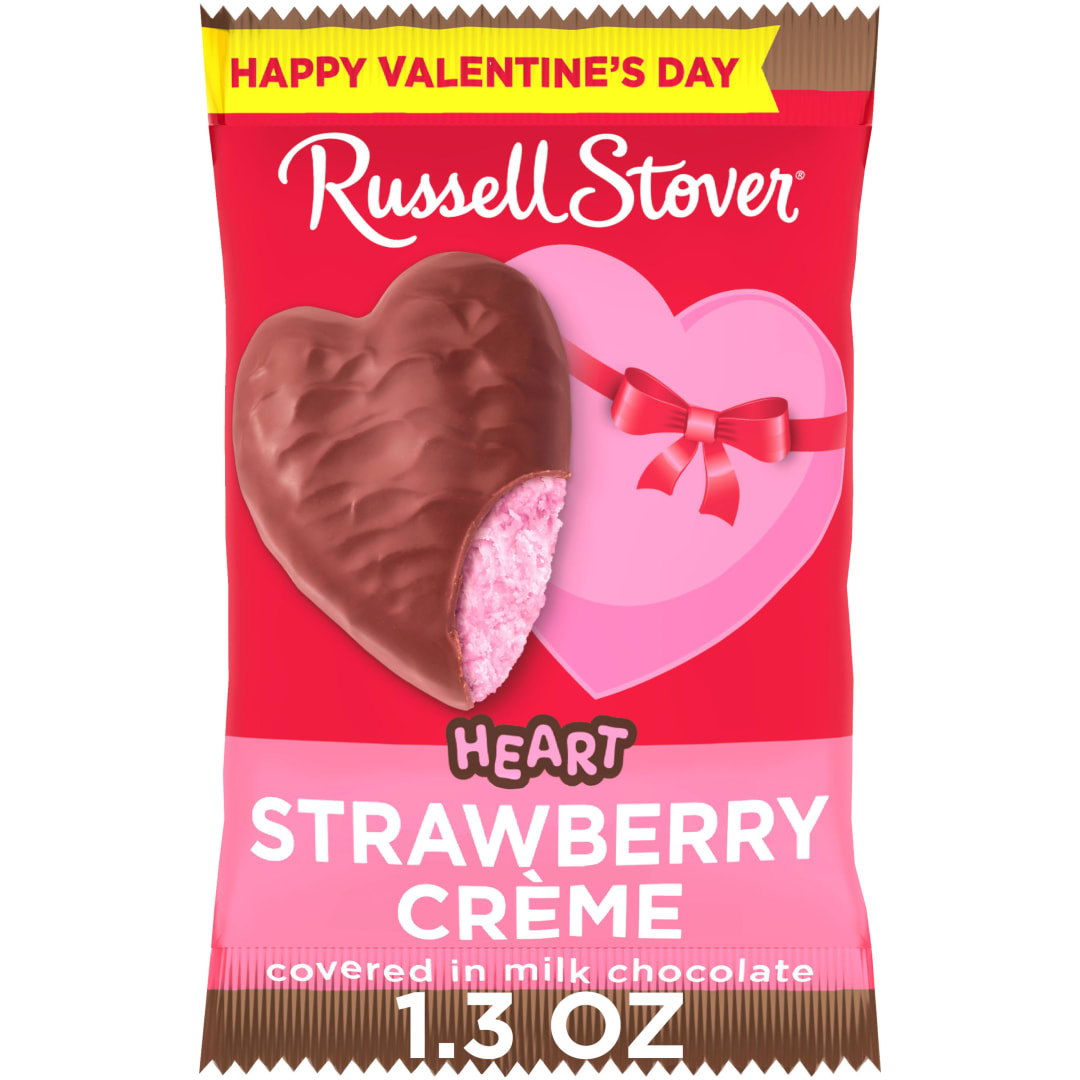 RUSSELL STOVER Valentine's Day Milk Chocolate Strawberry Crème Heart Candy Bar, 1.3 oz.