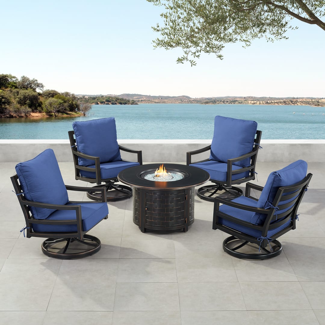 Black Aluminum Patio Fire Table Set with Four Club Chairs