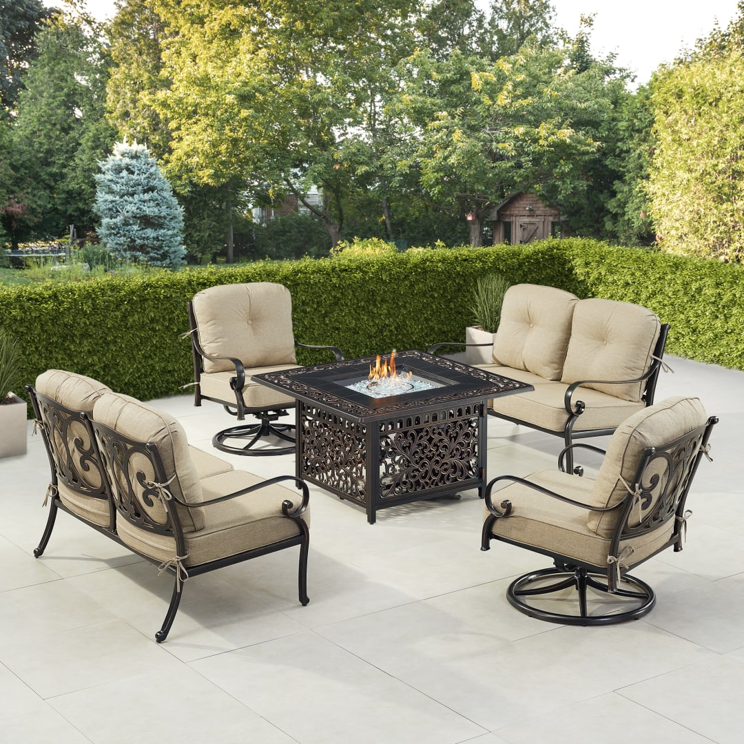 Black Aluminum Patio Fire Table Set with Two Deep Seating Loveseat with Cushions and Two Club Chairs