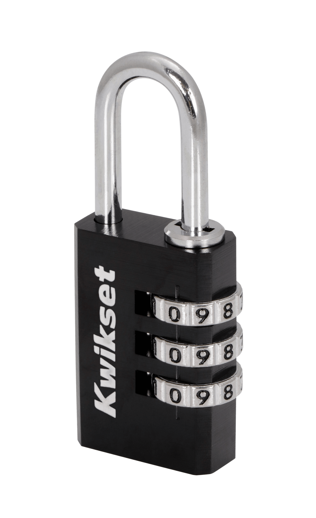 Kwikset Aluminum Combination Padlock, 3-Digit, 1-1/8 in Body, 1 in Shackle, 1 Pack, Black