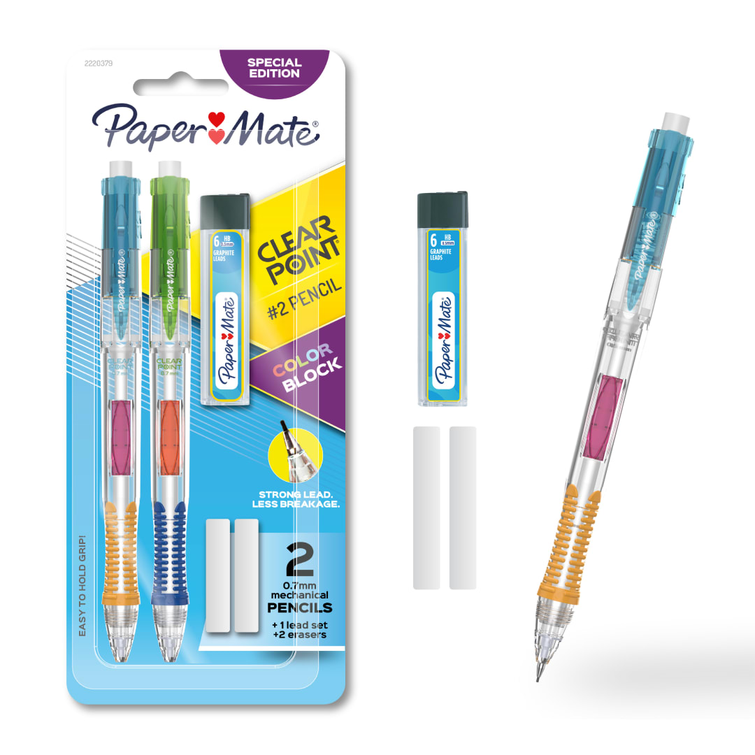 Paper Mate Clearpoint Mechanical Pencil, Color Block Special Edition, HB #2 Lead (0.7mm) and Refill, 3 Piece Set