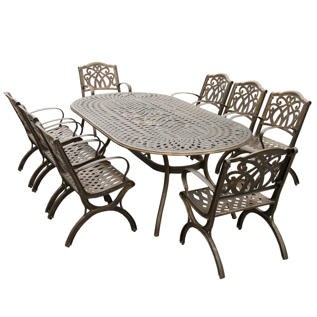 Modern Outdoor Mesh Lattice Aluminum 95-in Large Bronze Oval Patio Dining Set with Eight Arm Chairs