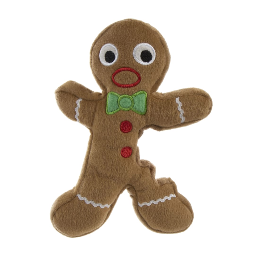 goDog Holiday Gingerbread Man Squeaky Plush Dog Toy With Chew Guard Technology, Brown, Small