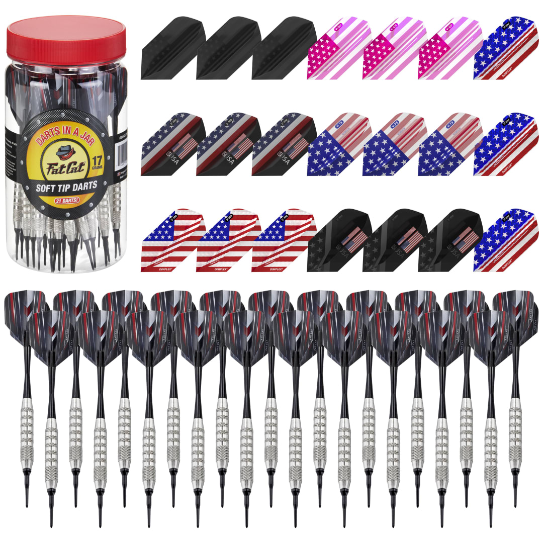 Fat Cat 21 Darts in a Jar Soft Tip 17 Grams with Patriot Dart Flights