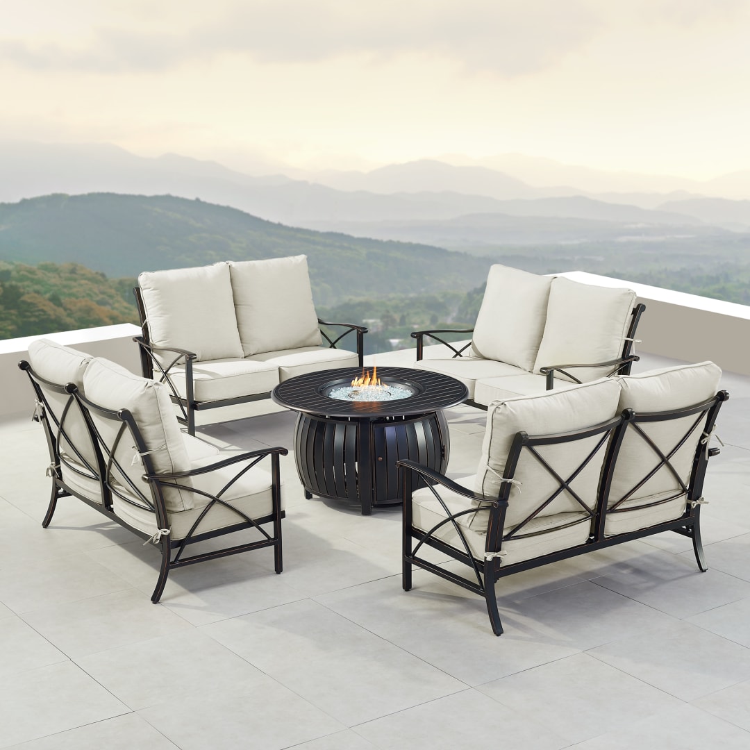 Black Aluminum Patio Fire Table Set with Four Deep Seating Loveseat with Cushions