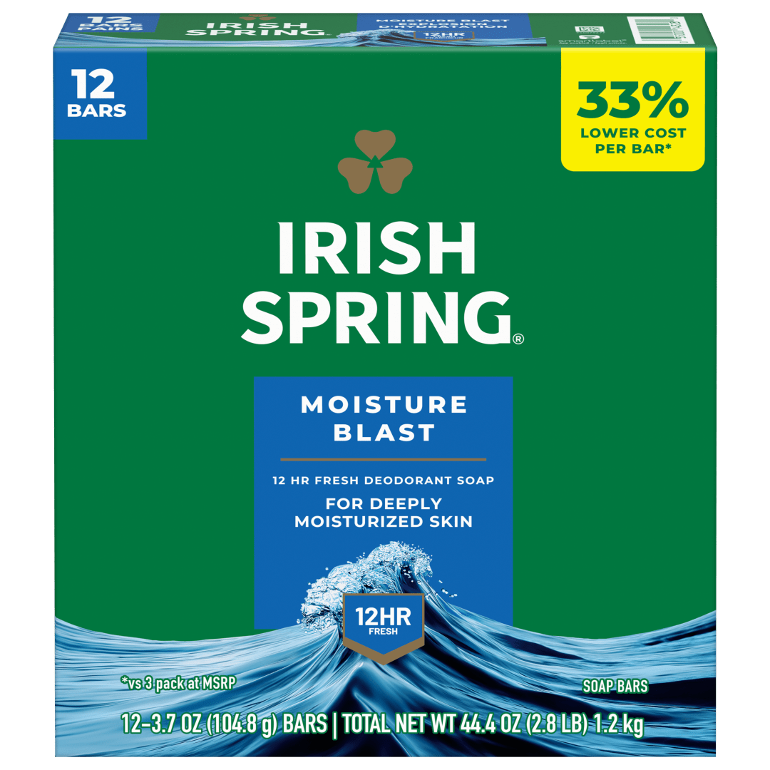 Irish Spring Moisture Blast Deodorant Bar Soap for Men, 12 Hour Fresh Deodorant Soap, 3.7 oz Bar (12 Pack)