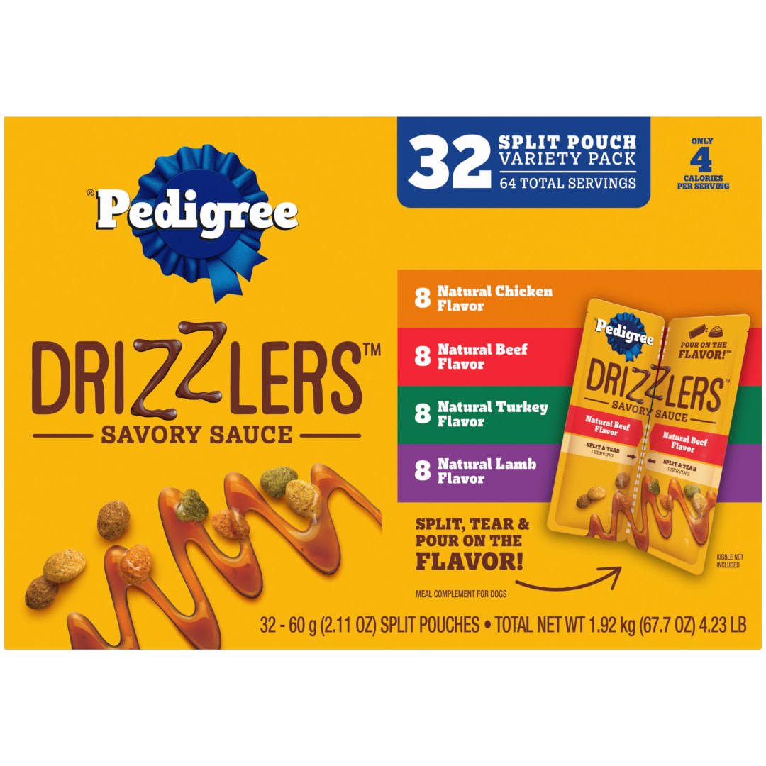 Pedigree Drizzlers Wet Dog Savory Sauce Multipack, 60g Dual-Serving Pouches, 32-Pack