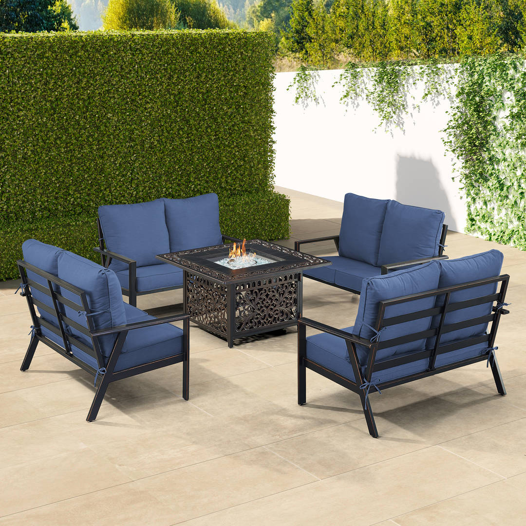 Black Aluminum Patio Fire Table Set with Four Deep Seating Loveseats with Cushions