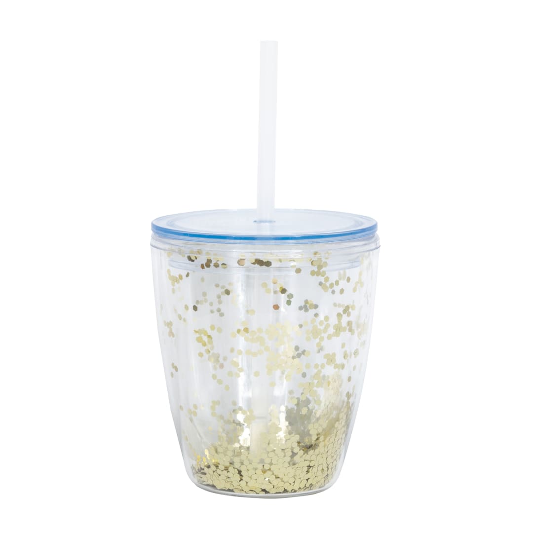 Gold Glitter Double-Walled 14.3oz Reusable Plastic Tumbler with Straw