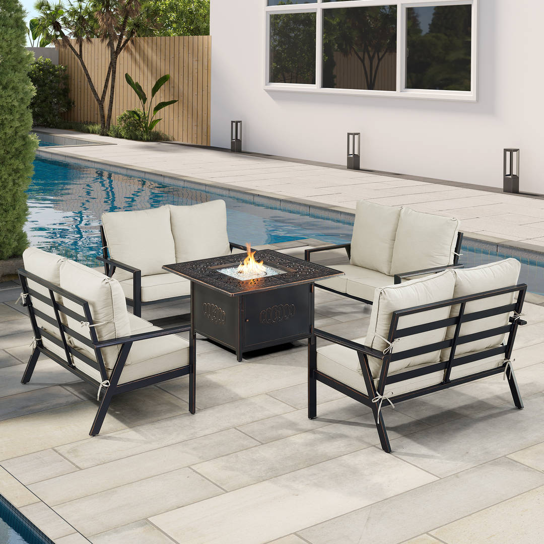 Black Aluminum Patio Fire Table Set with Four Deep Seating Loveseats with Cushions